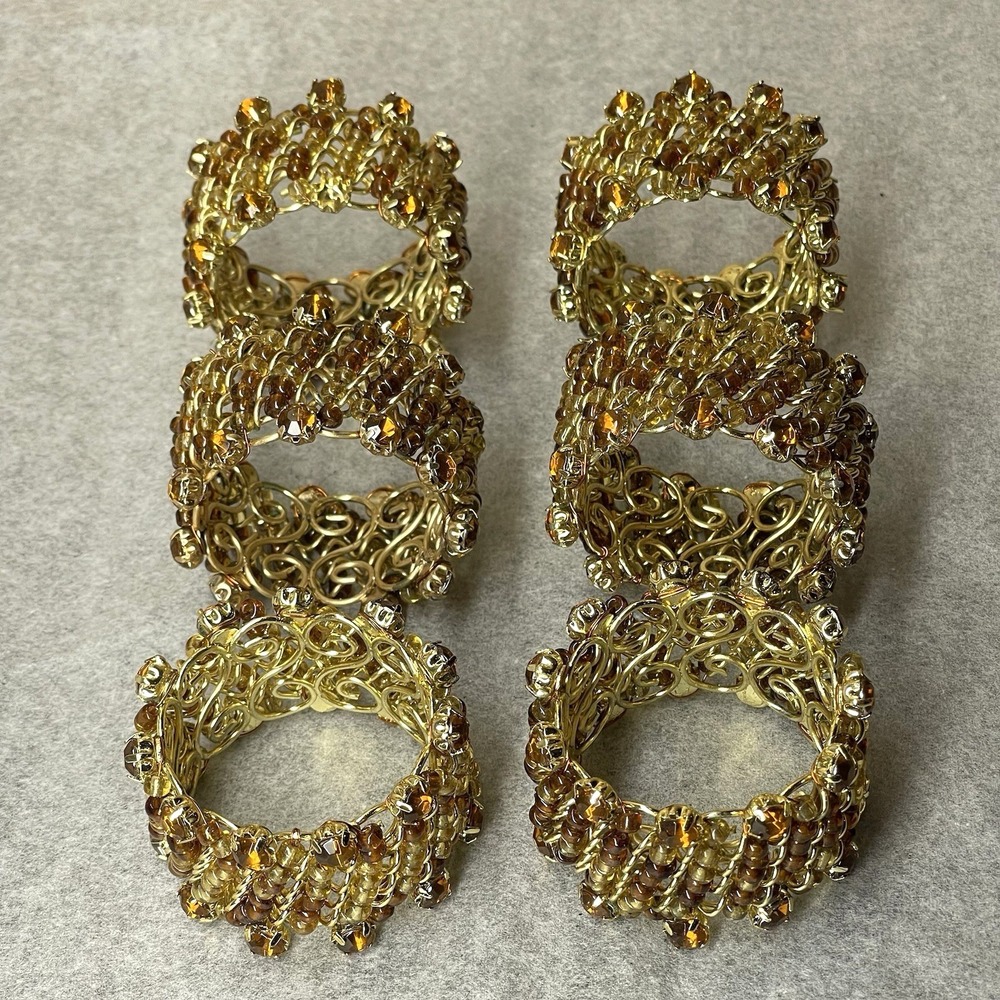 Vintage Glass Beaded Napkin Rings Gold Wire Jeweled Rhinestone Topaz Brown Set 6